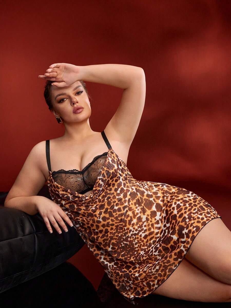 EmpressEnvy Đầm lót gợi cảm cỡ lớn với họa tiết ren phối, họa tiết da báo, cổ khoét sâu, thiết kế thắt eo, chi tiết lưới. - Màu nâu Sô-cô-la - Xem 1