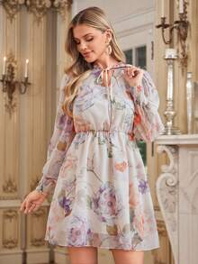 Amorya 女士印花雪纺白色和紫色收腰A字优雅休闲度假连衣裙，春夏款 - 彩色 - 查看 5