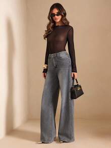 SHEIN BAE Women's Black Sheer Long Sleeve Round Neck Backless Bodysuit, Minimalist Basic Bodysuit - Black - View 4