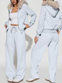 SHEIN PETITE 2 Pieces Women's Autumn Winter Casual Plush Thickened Fur Collar Hoodie And Sweatpants Set Halloween Costumes Women Christmas Costumes Gothic Women's Clothing,Fall - Grey - View 2