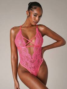 SHEIN BAE Floral Lace Criss Cross Lace Up Backless Teddy Bodysuit Lingerie - Hot Pink - View 1