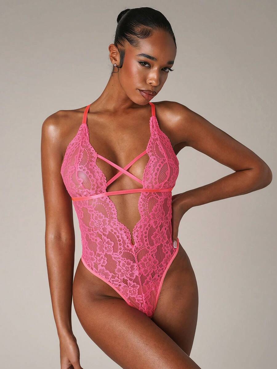 SHEIN BAE Floral Lace Criss Cross Lace Up Backless Teddy Bodysuit Lingerie - Hot Pink - View 1