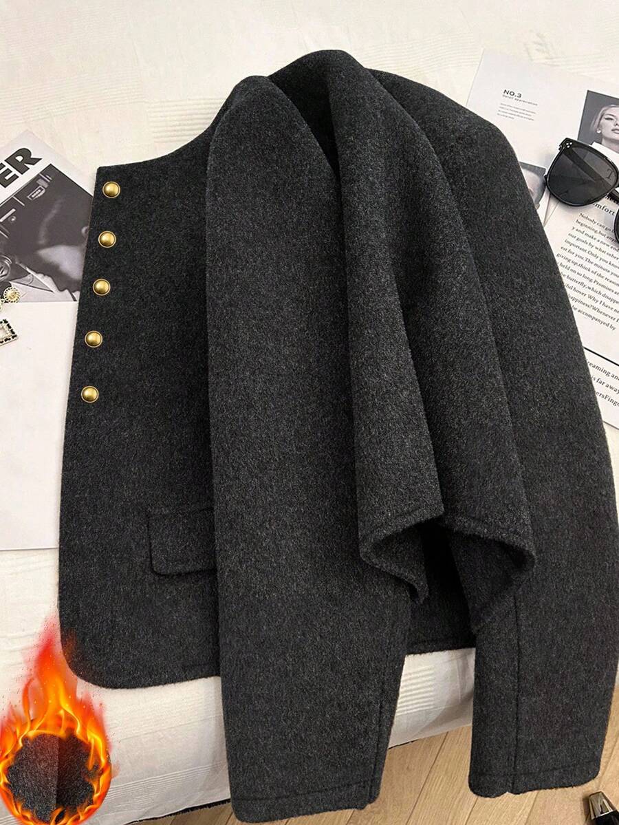 Franclia Plus Size Women's Grey Autumn Elegant Formal Thick Woolen Long Sleeve Jacket,Commuter French Style Knitted Short Overcoat With Decorative Buttons - Dark Grey - View 1
