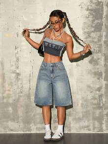 少女宽松蓝色牛仔七分裤，夏季休闲时尚度假风，街头穿搭，2000年代风格，舒适柔软牛仔面料，舒适柔软牛仔中筒裤 - 淺色水洗藍 - 查看 6