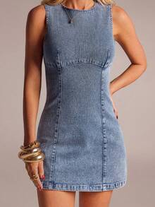 Avantive Vestido mini de verano entallado de mezclilla azul claro desgastada/Vestido de mezclilla de verano/Vacaciones en la playa/Informal - Lavado ligero - Ver 5