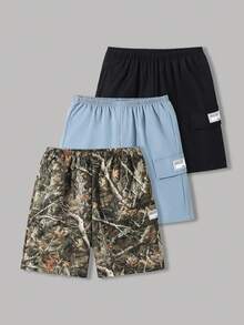 3pcs/Set Kids Tween Boys Casual Loose Leaf Print Pattern Shorts, Black Shorts, Khaki Shorts, Camo Shorts, Cargo Pants, Y2K Style Outfit, Suitable For Spring/Summer, Outings, Valentine's Day, Dates, Travel, Vacations, Family Gatherings, Back To School, Weddings, Evenings, Sports, Birthday Parties - Multicolor - View 12