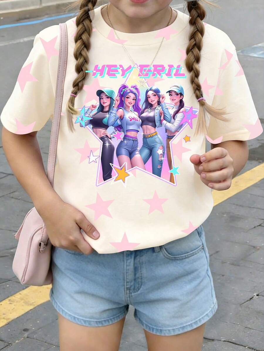 女童休闲时尚创意个性清新可爱简约酷炫虚拟女团卡通人物粉色五角星图案字母标语印花宽松基础款短款T恤,舒适日常穿着,适合春、夏、秋季穿着。 - 彩色 - 查看 1
