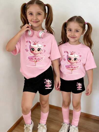 2pcs/Set Young Girl Outfit, Cute Cappuccino Ballerina Dancer Heart Print Round Neck Short Sleeve T-Shirt Top And Black Shorts Set, Suitable For Outings In Summer