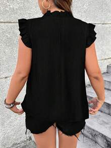 EMERY ROSE Blusa de mujer talla grande de verano, casual, para vacaciones y uso diario, con cuello en V y volantes, de color liso - Negro - Ver 2