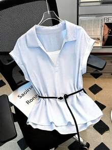 Lyxana Women's Casual Blue Fabric Batwing Short Sleeve Collared Shirt With Flared Hem - Blue - View 1