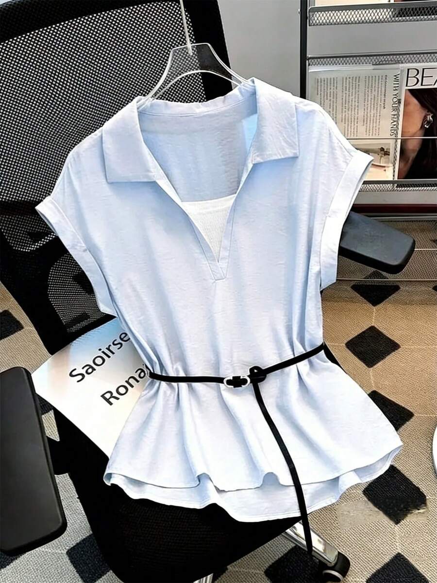 Lyxana Women's Casual Blue Fabric Batwing Short Sleeve Collared Shirt With Flared Hem - Blue - View 1