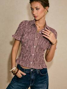 Poéselle Women's Plaid Cardigan Shirt With Ruffled Elastic Sleeves - Dusty Pink - View 7