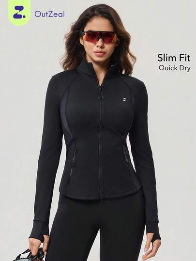 OutZeal Women Sports Jacket Black Workout Gym Running Quick-Drying Breathable Mesh Slim-Fit Active Tops