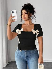 Elenzga 大码女式纯色短袖背心，夏季时尚 - 黑色 - 查看 4