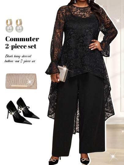 Fleurora Plus Size Women 2 Pieces Set - Asymmetrical Hem Lace Blouse & Pants