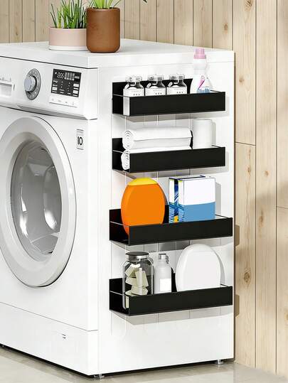 1/2 Magnetic Side Storage Rack, Suitable For Refrigerators And Washing Machines - No Drilling Required, Stylish Black Metal Surface, Wall-Mounted Spice Organizer, Perfect Laundry Storage Rack