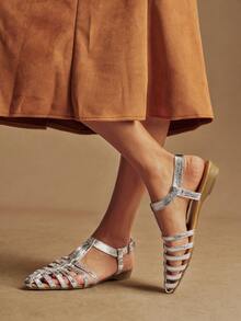 Rosivie 新款轻盈奢华金属镂空编织罗马舒适平底凉鞋，女士尖头绑带凉鞋，夏季沙滩度假鞋 - 香檳色 - 查看 6