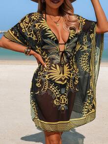 Swim Lushoire 1件装女士中东宫廷风格金色图案印花连体抽绳长袍 - 黑色 - 查看 1