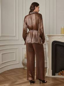 Dazy-Less 女士休闲优雅通勤套装，前扣长袖衬衫和裤子两件套，秋季款 - 棕色 - 查看 2