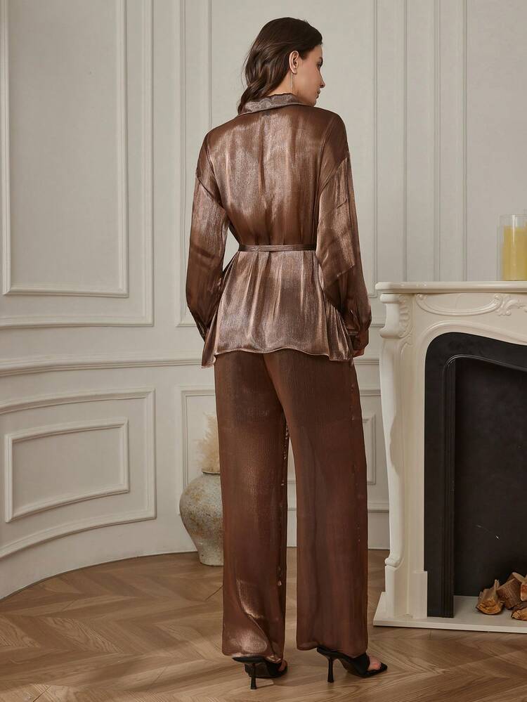 2pcs Women's Casual Elegant Commuter Front Button Long Sleeve Shirt And Pants Set, Autumn,Wedding Guest Dress Women