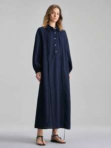 Ontre 2026春夏新款女士梭织连衣裙，系带设计，A字廓形，宽松版型，藏蓝色，适合情人节、婚礼季、节日庆典、独立日、都市时尚、简约风、通勤等场合。 - 藏蓝色 - 查看 7