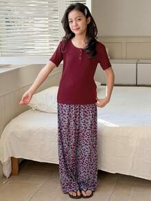 DAZY Tween Girls Short Sleeve Top & Pants Pajama Set, Fall - Burgundy - View 8