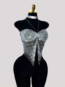 EgrlEra Tall Women's Rhinestone Fishnet Spaghetti Strap Camisole, Sexy Sheer Sparkly, Suitable For Holiday Party - Light Grey - View 3