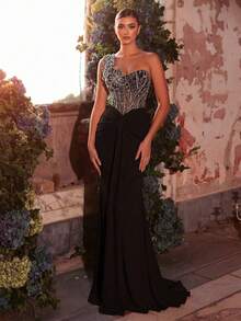 Glamrae Chân váy đuôi cá xếp ly co giãn, sang trọng, đính cườm và sequin họa tiết hoa, thích hợp cho đám cưới, tiệc tùng, kỳ nghỉ, dạ hội, trang phục trang trọng (được trang trí cầu kỳ). - màu đen - Xem 5