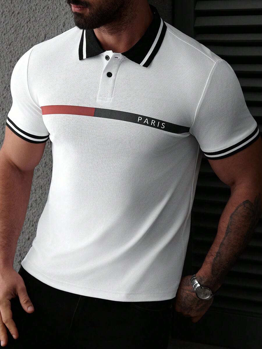 Manfinity Mode 男士撞色条纹字母印花休闲短袖Polo衫 - 白色 - 查看 1