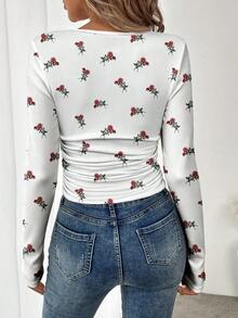 SHEIN LUNE Women's Casual Square Neck Fitted Long Sleeve T-Shirt, Autumn - White - View 2