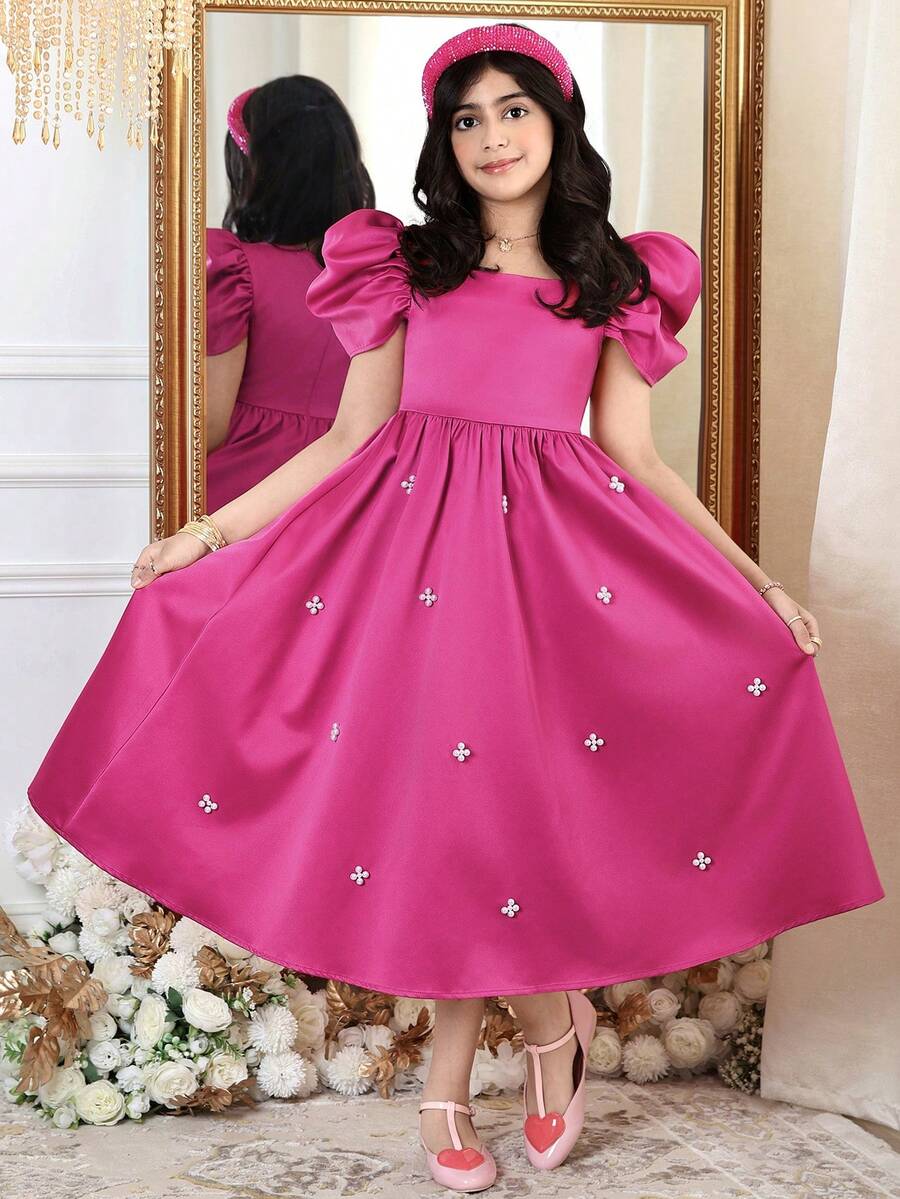 Tween Girl Elegant Square Neck Gigot Sleeve Pearl Decor Dress - Hot Pink - View 1
