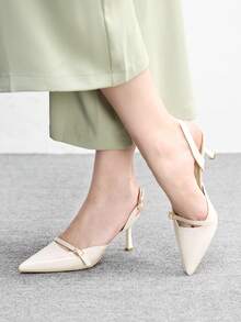 CUCCOO BIZCHIC Pointed Toe Stiletto Heel Beige Backstrap Women's Pumps, Slingback Dress Shoes For Daily Commute, Work, Party - Beige - View 5