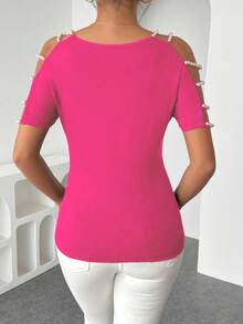 EMERY ROSE Camiseta ajustada de mujer con cuello redondo, tirantes con cuentas y diseño de cuentas aleatorio, nueva para primavera/verano - Rosa Fucsia - Ver 2