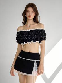 Ardnt Áo croptop trễ vai tay phồng chấm bi kiểu Pháp thanh lịch, viền bèo nhún, kiểu dáng gợi cảm, thời trang mùa hè mới dành cho nữ. - Đen và trắng - Xem 3