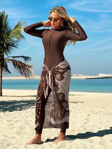 Swim Mulvari 新款棕色长袖防晒衣，复古印花系带网纱裙泳衣三件套 - 彩色 - 查看 6