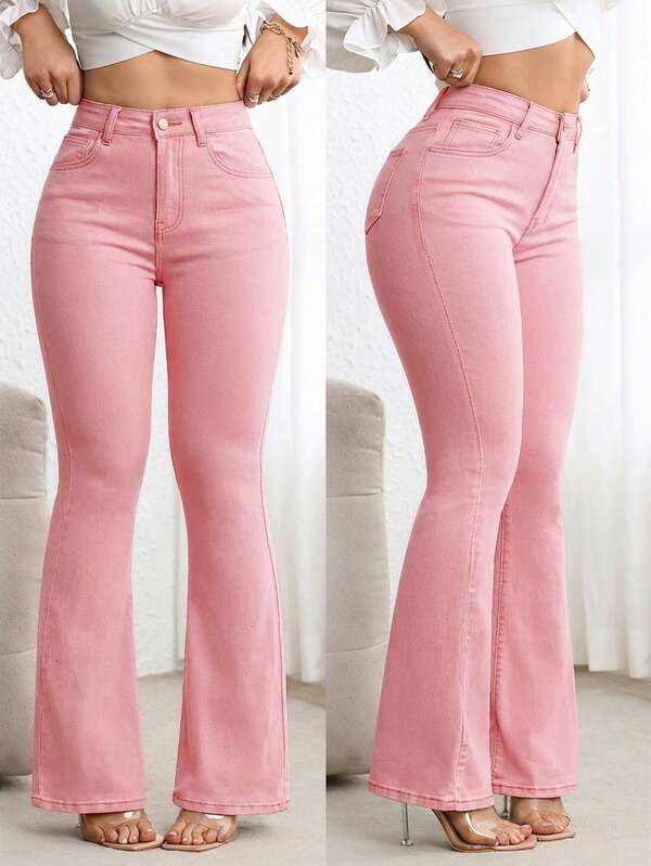 Flexra Jeans de pierna acampanada con cintura alta y bolsillos, de uso versátil y casual para mujeres