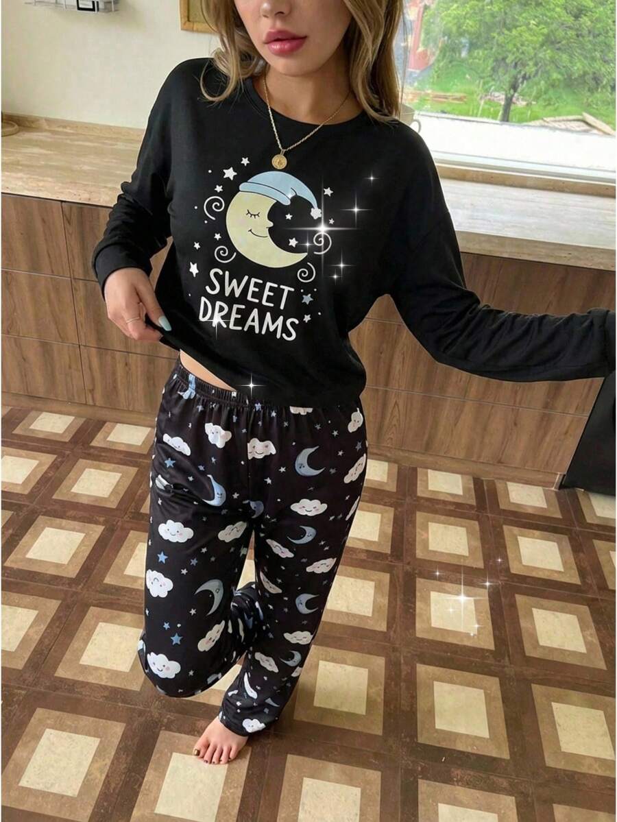 Genkimix Kids Tween Girls Pajamas-2 Piece Pajama Set Moon Star Print Black With Light Blue And Yellow Round Neck Long Sleeve Top Matching Long Pants Summer 2026 Holiday Must Have Cute Cozy Comfortable Nightwear Gift - Black - View 1