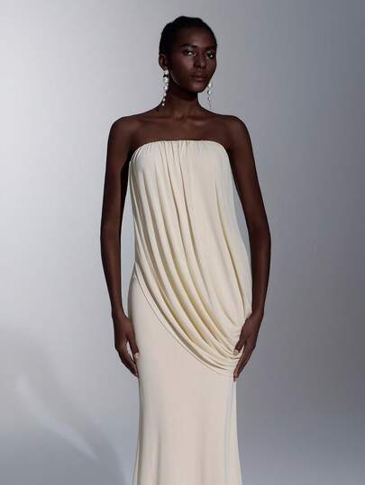 Elitara 优雅浪漫的杏色斜纹雪纺拼接吊带方领A字连衣裙，后背系带可调节，适合派对、婚礼宾客、伴娘等场合。