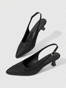 Sleekvia Women's Pointed Toe Rhinestone Buckle Design Everyday Versatile Fashion High Heels For Christmas - Black - View 2