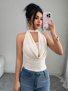 SHEIN Elenzya Women's Elegant French Mesh Foil Scoop Neck Sleeveless Halter Tie Camisole, Suitable For Daily Wear, Dates, And Partiess See Through Top Women Tops Sexy Sexy Clothes See Through Tops Bodysuit Top - Apricot - View 1