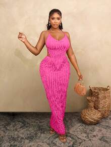 BamGleam Bộ đồ 2 mảnh áo hai dây vạt lệch màu trơn cho nữ, trang phục đi nghỉ mát, kỳ nghỉ hè, trang phục đi nghỉ cho nữ, kỳ nghỉ, trang phục đi nghỉ cho nữ, mùa xuân/hè, váy hồng đậm, váy maxi ôm sát cho nữ, váy dệt kim quyến rũ, váy móc len - Màu Hồng Tươi - Xem 5