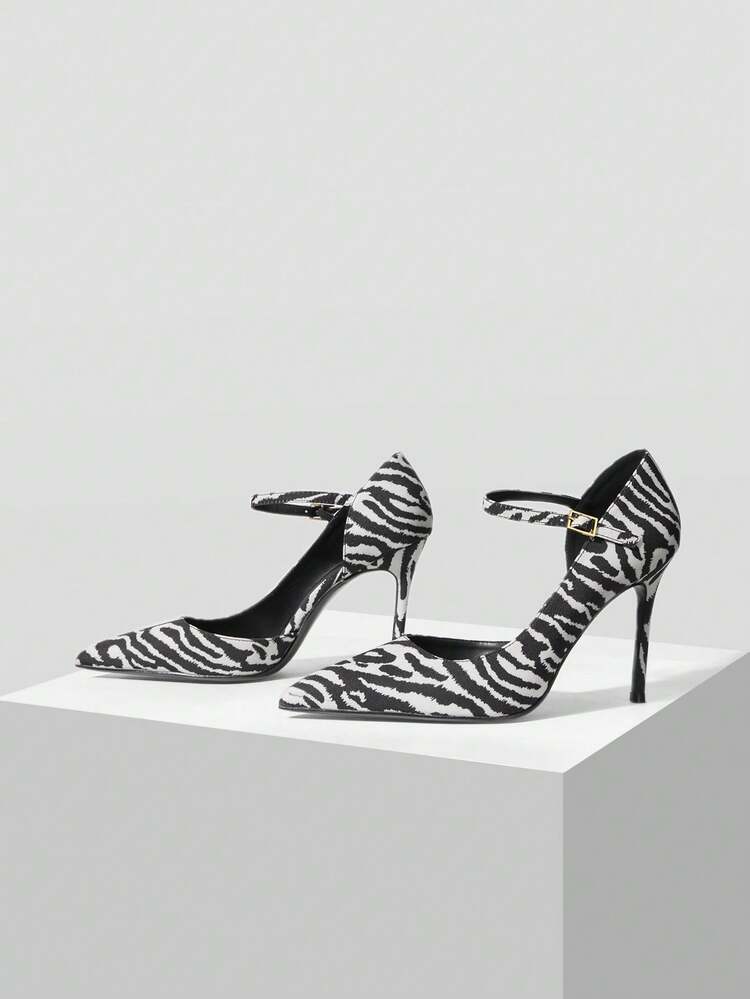WOMEN'S FASHIONABLE ELEGANT COMMUTER ZEBRA PRINT POINTED TOE ADJUSTABLE BUCKLE HIGH HEELS VALENTINE'S DAY SPRING SHOES