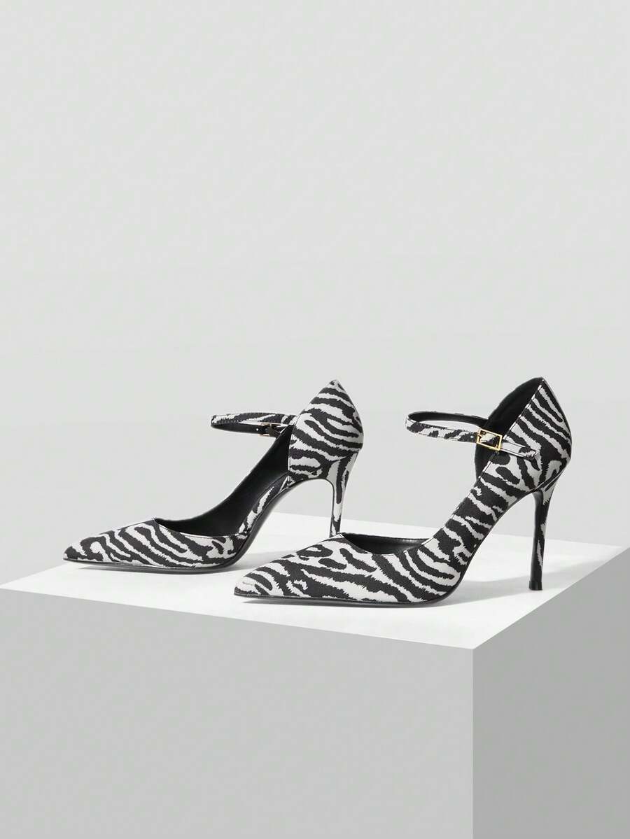MOTF WOMEN'S FASHIONABLE ELEGANT COMMUTER ZEBRA PRINT POINTED TOE ADJUSTABLE BUCKLE HIGH HEELS VALENTINE'S DAY - Black and White - View 2