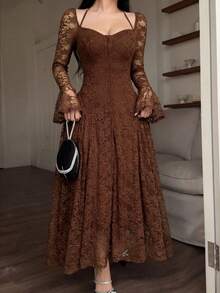 Đầm midi nữ thanh lịch với ren ở eo và tay áo xòe. - Cà phê nâu - Xem 4