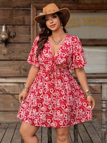 SHEIN LUNE 大码夏季度假印花前系腰连衣裙 波西米亚风大码连衣裙 女士沙滩装 大码度假装 女士度假连衣裙 大码夏季连衣裙 大码女士夏季套装 - 彩色 - 查看 6