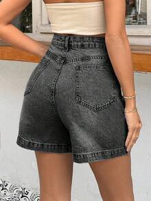 EURMUSE 100%Cotton HIGH WAIST PENS DETAILED STRAIGHT CUT SHORT - Light Grey - View 2