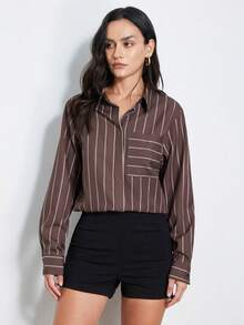 Aveloria Modichic New Arrival Women's Fashion Versatile Pocket Striped Blouse - Mocha Brown - View 5