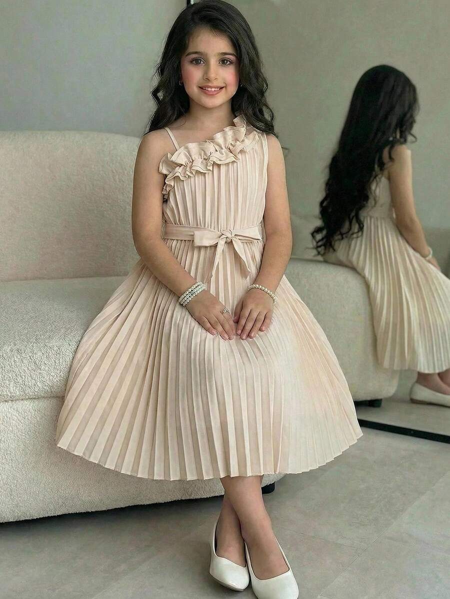 SHEIN Tween Girl Elegant Asymmetric Shoulder Ruched Ruffle Hem Ruched Loose A-Line Woven Solid Color Dress, Apricot, Spring/Summer - Apricot - View 1