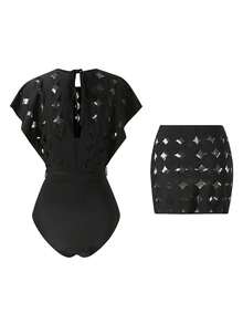 Swim Oasis Hollow-Out Solid Color Round Neck Women's Waist Belt Premium Set - Black - View 6