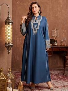 Al Najma Women's Long Sleeve Print Trim Loose Elegant Plus Size Arabic Dress Kaftan Jalabiya Dress - Multicolor - View 3